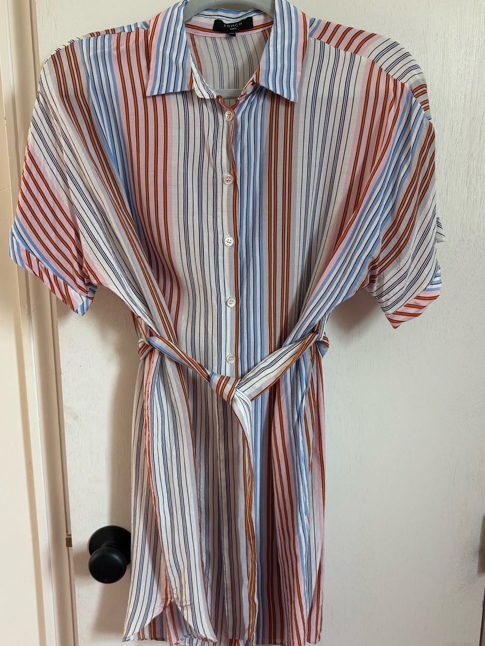 FRNCH Striped Short-Sleeve Button-Up Shirt Dress with Waist Tie - Multi
